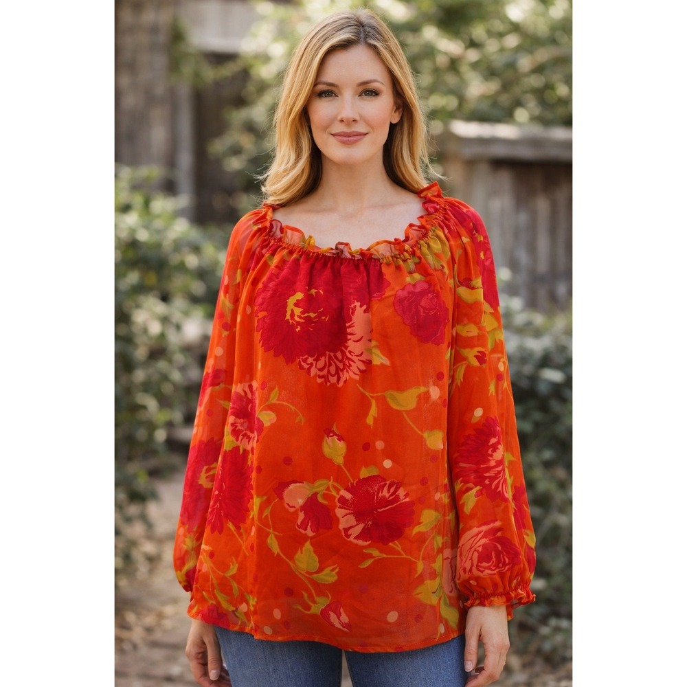 Adini Top Womens Plus Size 1X  Floral Long Slv Pleated Tunic Cottage Grandma NEW